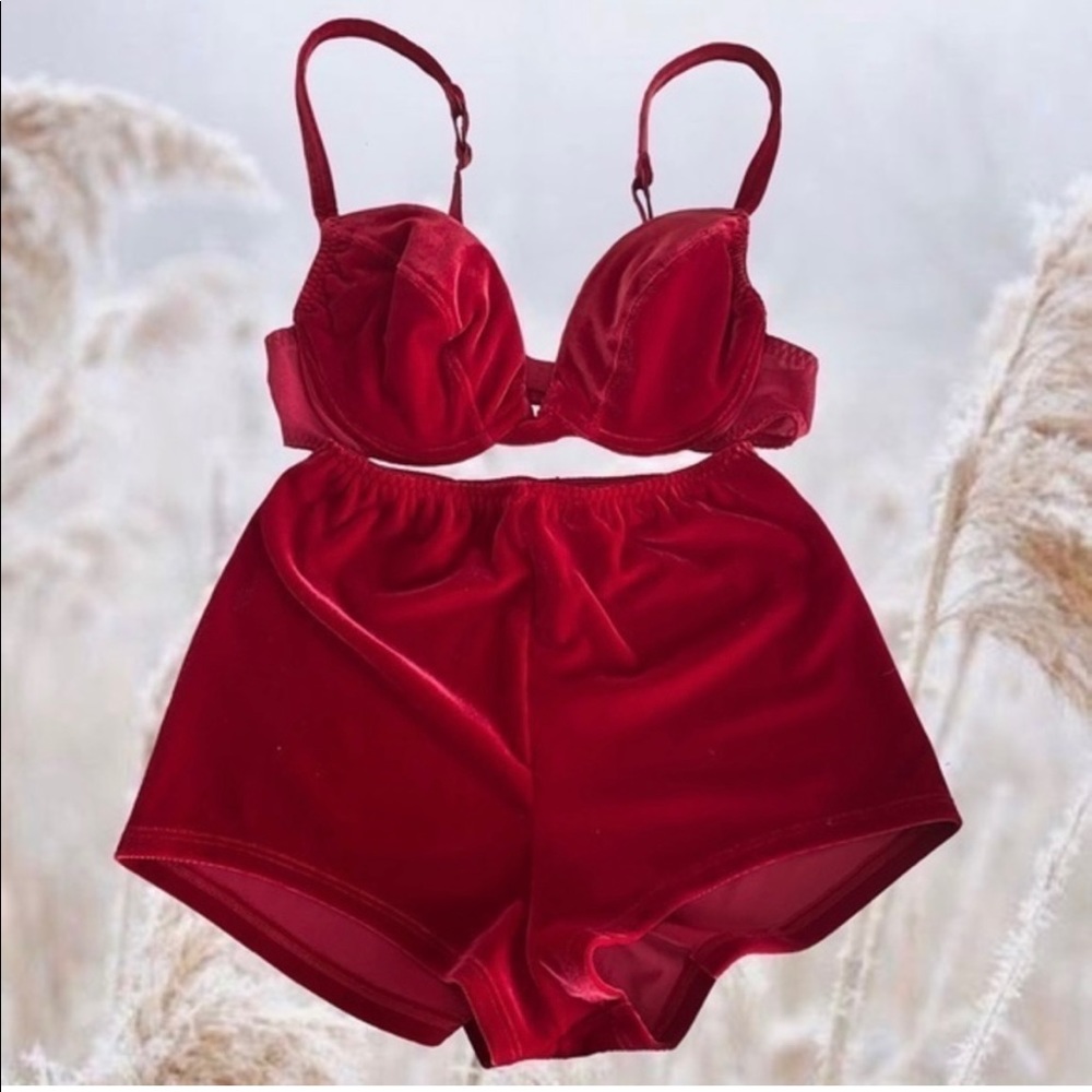 Vintage Warner’s Red Velvet Bra and Shorts Two Piece Lingerie Set